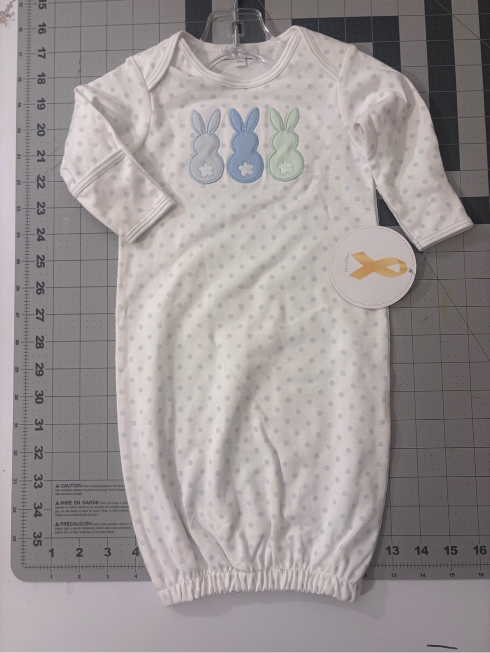 Magnolia Baby White Baby Gown with Blue, Light Blue & Mint Bunny Appliqués